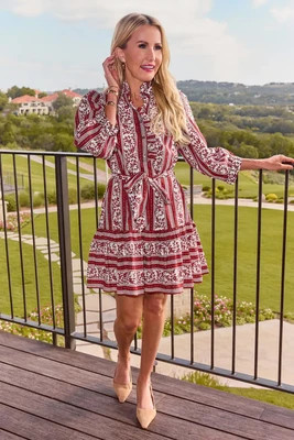 Lola Red Print Ruffle Collar Short Dress | Avara
