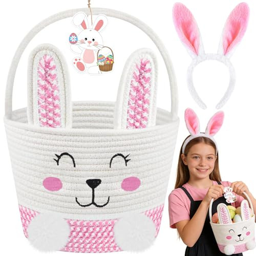 RUEGGVAT Easter Basket for Girls Kids - Pink Small Woven Bunny Egg Basket with Bunny Ears Headband Name Tag Empty Personalized Easter Gifts Baskets to Fill for Baby Toddler 8.7" x 7.1" x 7.1" | Amazon (US)