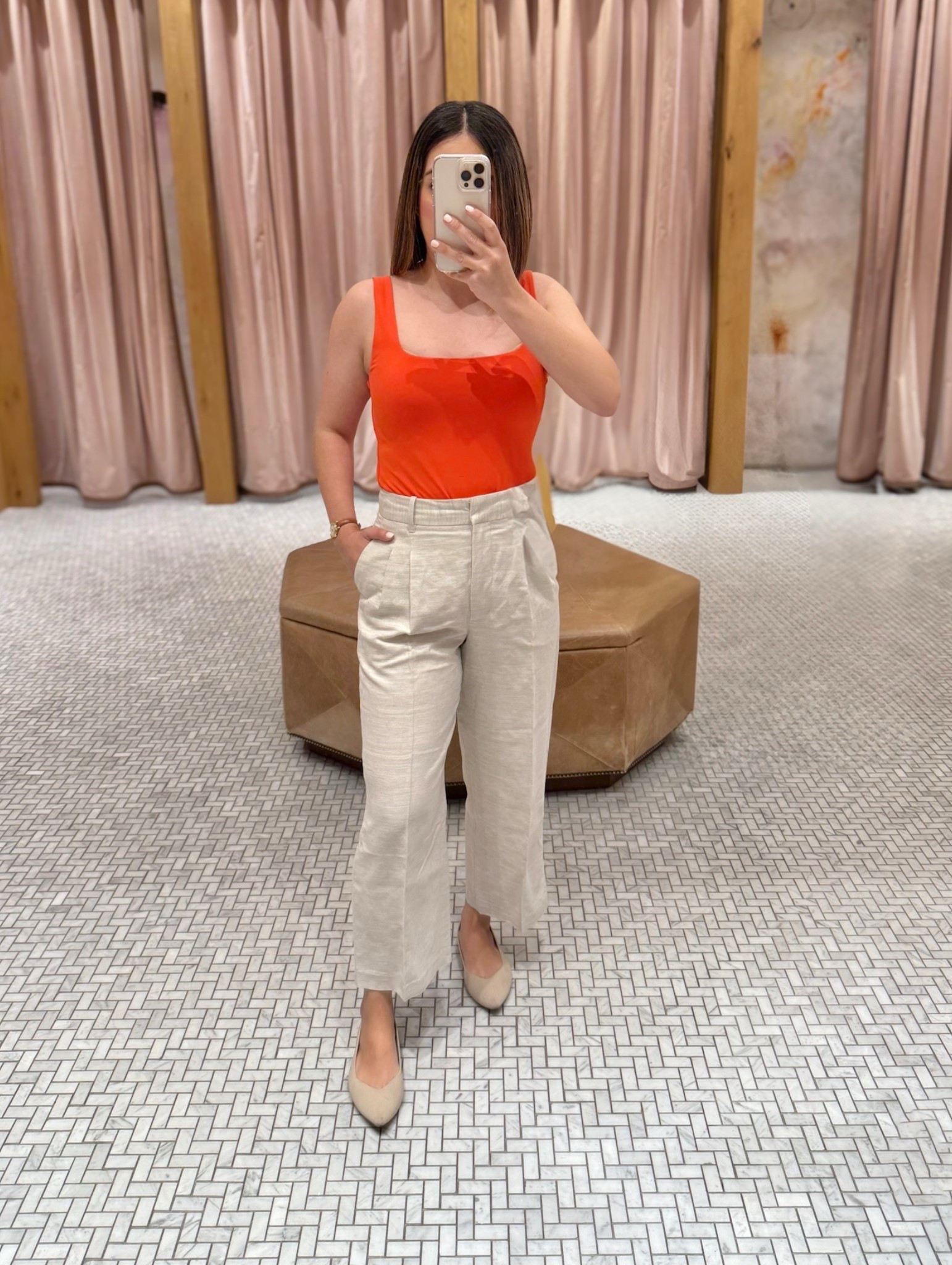 Orange bodysuit is size M for my 36/4US (runs small so I sized up one size). Linen-blend pants are size 6US (run small). The size above would have been more comfortable.

Flats are 36 for my 36 (true to size)

For reference: 
I am 5’2” (158cms)
129lbs (58 kgs)

#LTKPetite #LTKStyleTip #LTKSeasonal