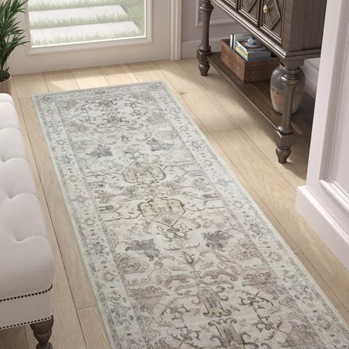 jinchan Runner Rug 2x6 Machine Washable Hallway - Vintage Floral Non-Slip Low-Pile Soft Ultra-Thin Kitchen Rug Distressed Carpet Runner for Farmhouse Bedroom Entryway Laundry Room(2x6ft, Taupe) | Amazon (US)