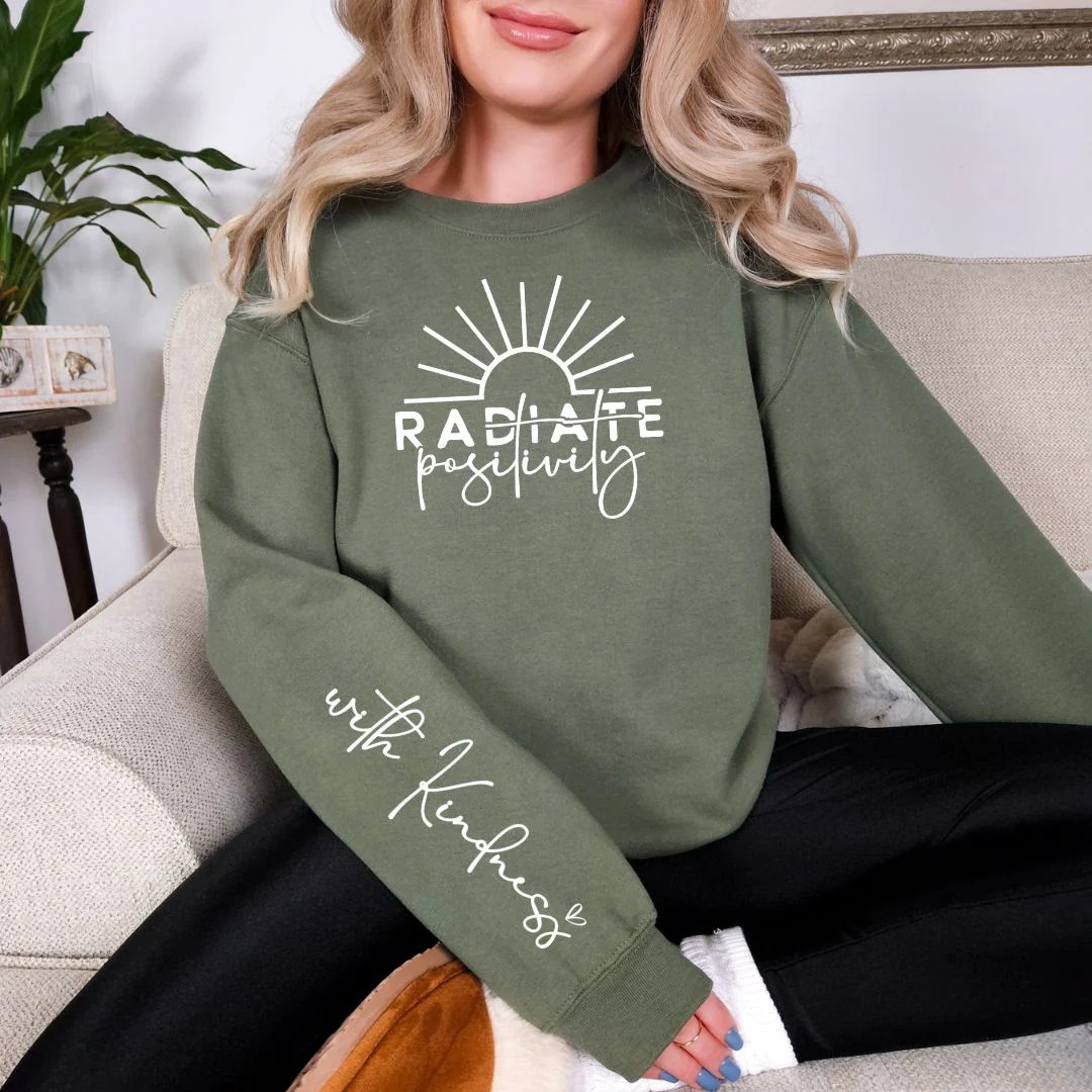 Radiate Positivity Graphic Sweatshirt in Three Colors Dark Grey / Medium | Fabulous Finds Boutique