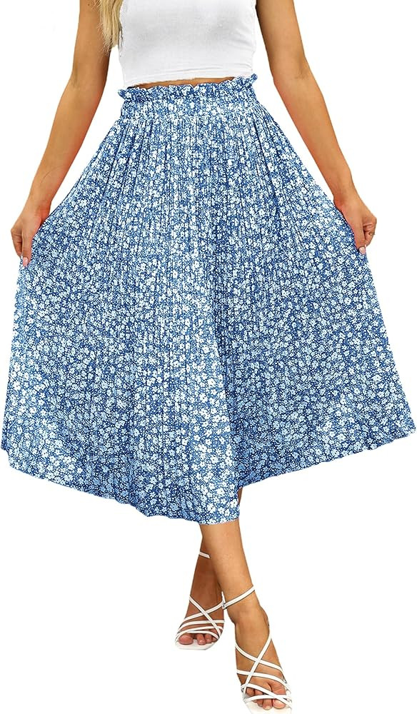 Naggoo Women's Skirts High Elastic Waisted Casual Skirt Pleated Floral/Solid Midi Skirts with Poc... | Amazon (US)