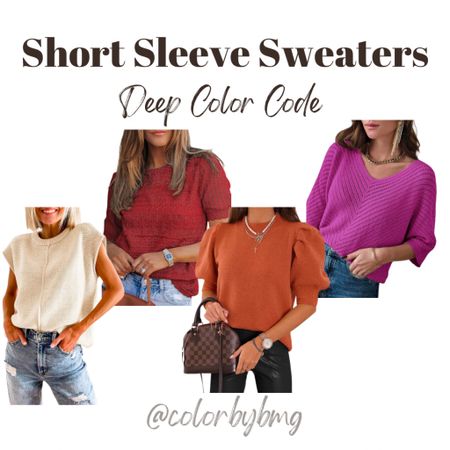 Deep Color Code Short Sleeved Sweaters 

Colors to pick:

1. Apricot
2. A Wine
3. A Orange
4. Purple

Deep Winter
Deep Autumn 

#LTKSpringSale #LTKfindsunder50