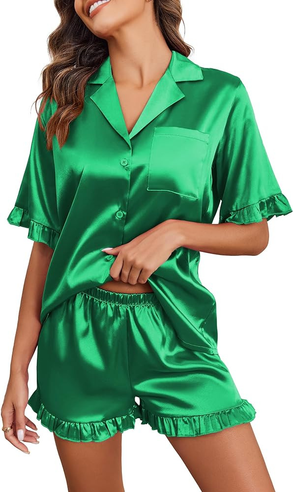 Ekouaer Womens Satin Pajamas Set Button Down Silk 2 Piece Pj Sets Ruffled Short Sleeve Sleepwear | Amazon (US)