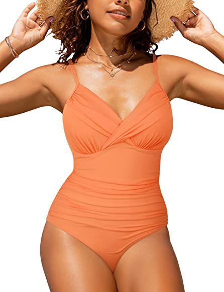 Hilor Women's One Piece Swimsuits Front Twist Swimwear V Neck Shirred Bathing Suit Monokini Tummy... | Amazon (US)