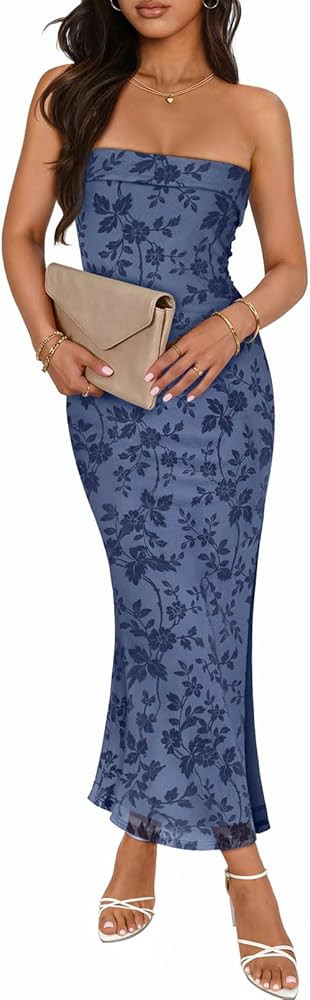 MEROKEETY Women's 2026 Summer Floral Strapless Dress Bodycon Tube Slit Mesh Wedding Guest Cocktai... | Amazon (US)