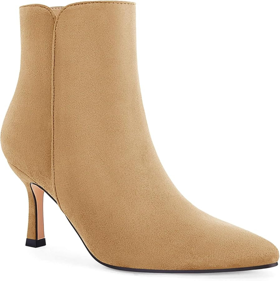 Coutgo Women's Kitten Heel Booties Pointed Toe Low Stiletto Side Zipper Ankle Boots Shoes | Amazon (US)
