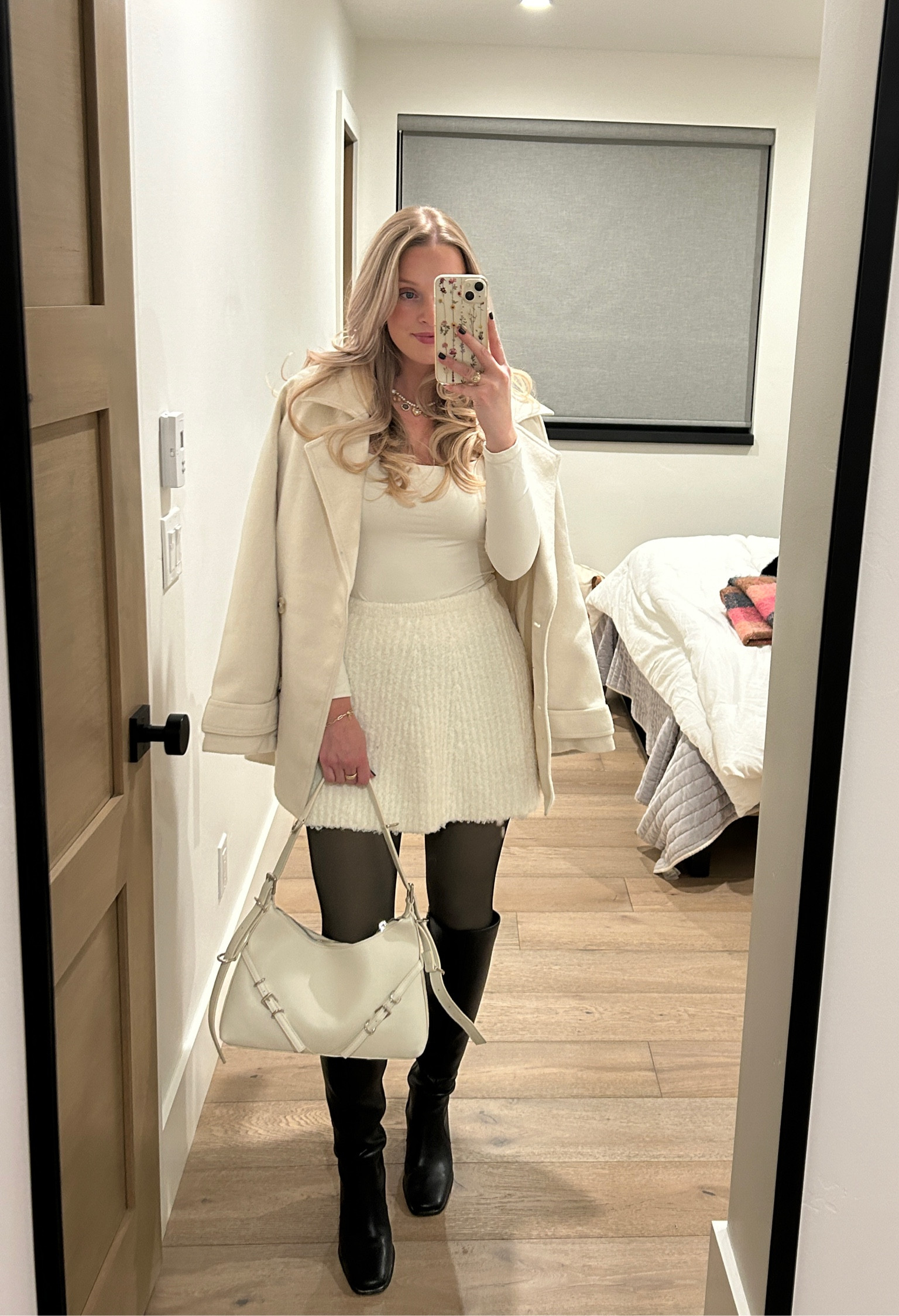 White winter outfit | white coat | white skirt | fleece lined tights 

#LTKHoliday #LTKSeasonal