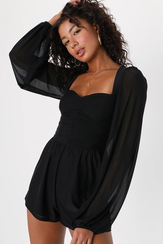 Playful Perfection Black Mesh Ruched Balloon Sleeve Romper | Lulus