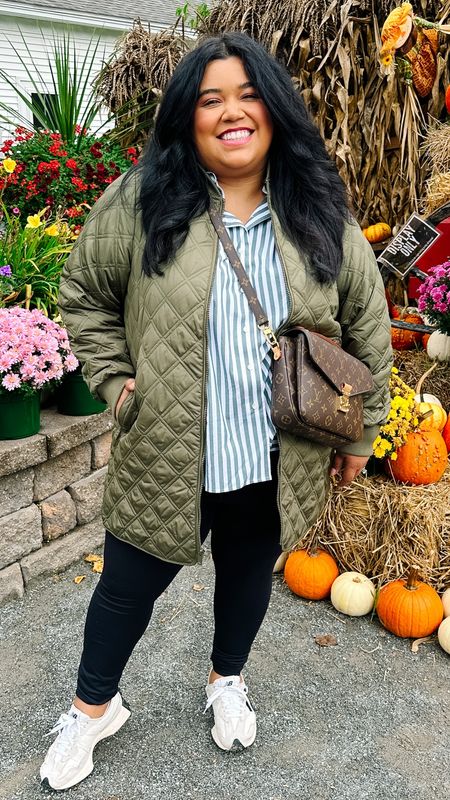 This quilted jacket is a new find from Lane Bryant. I love how lightweight it is with still feeling warm. I’m wearing an 18/20. I love that there’s good coverage in the front and back. 

My striped shirt is a high low button down, again good coverage in the back and long enough in the front as well. I’m wearing a size 18. The perfect khaki jacket! 