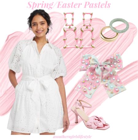 Classic White Eyelet with Soft Pastels for Spring/Easter. Would also be sweet for a baby shower/dedication  

Pink Enamel Bamboo Earrings & Brocade Crystal & Stone Bow are BriannaCannon.com & my discount code is: 10Anna 

New Eyelet Elbow Length Balloon Sleeves Shirtdress, Pave Gold Ring Set & Pink Floral Sandals

Target. Spring Outfit. Easter Outfit. 

#LTKSeasonal #LTKstyletip #LTKfindsunder50