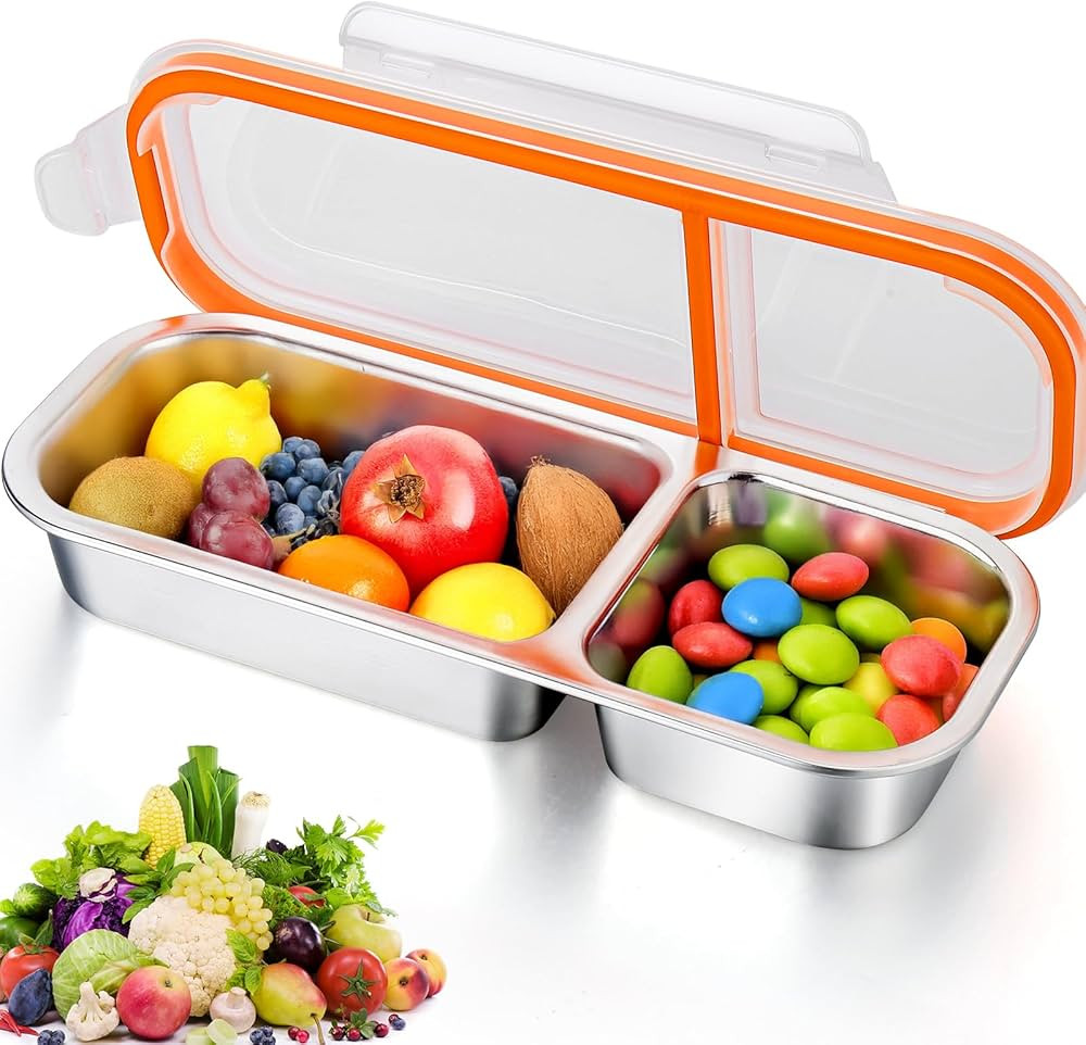 AIERSA Reusable Snack Containers with Lids, Stainless Steel Double/2 Compartment Snack Box Contai... | Amazon (US)