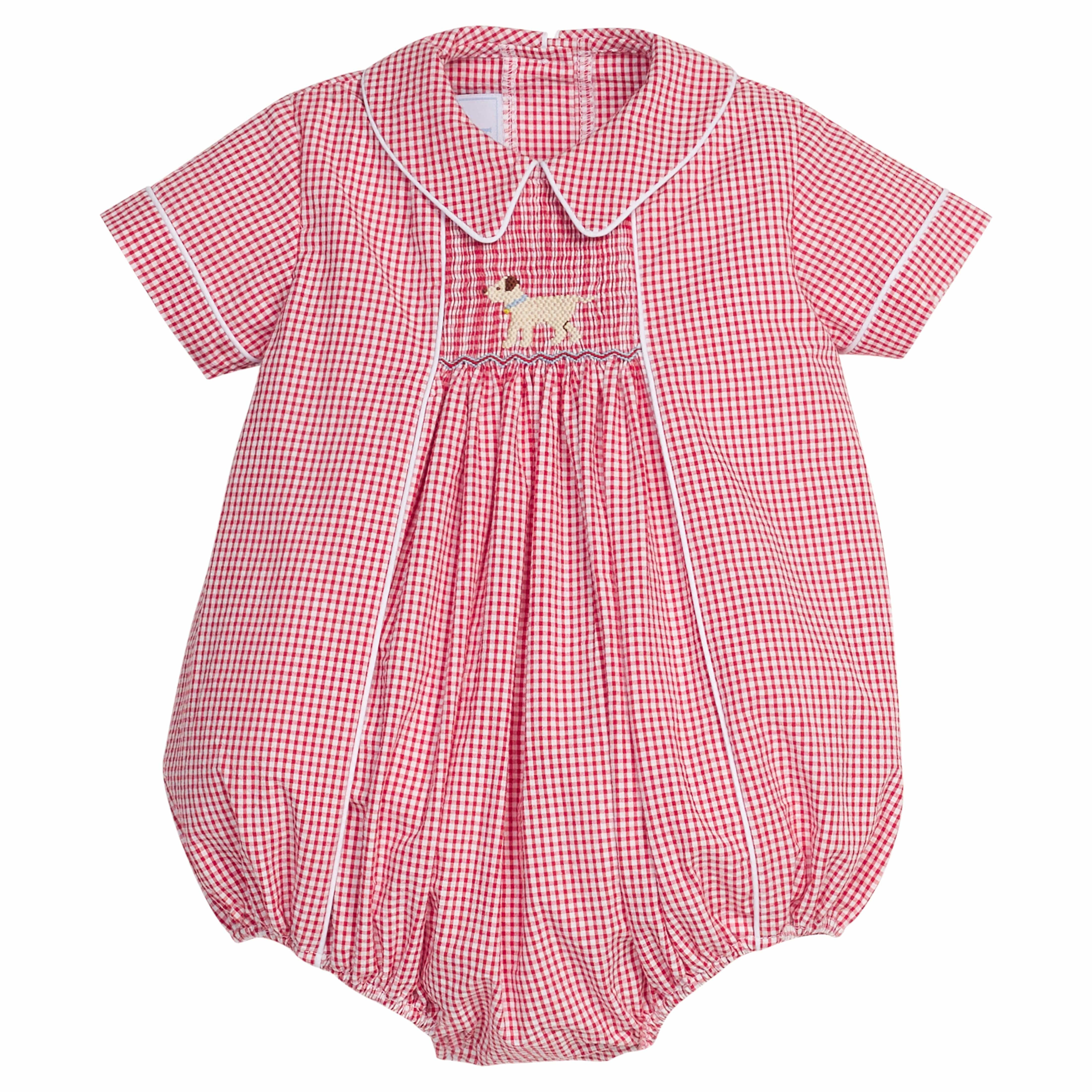 Red Seersucker Gingham Smocked Lab Bubble - Boy Bubble | Little English