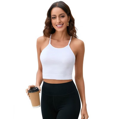 Women's Ribbed Halter Crop Top - Slim-Fit Sleeveless Racerback Tank for Casual & Streetwear，WhiteXL | Target
