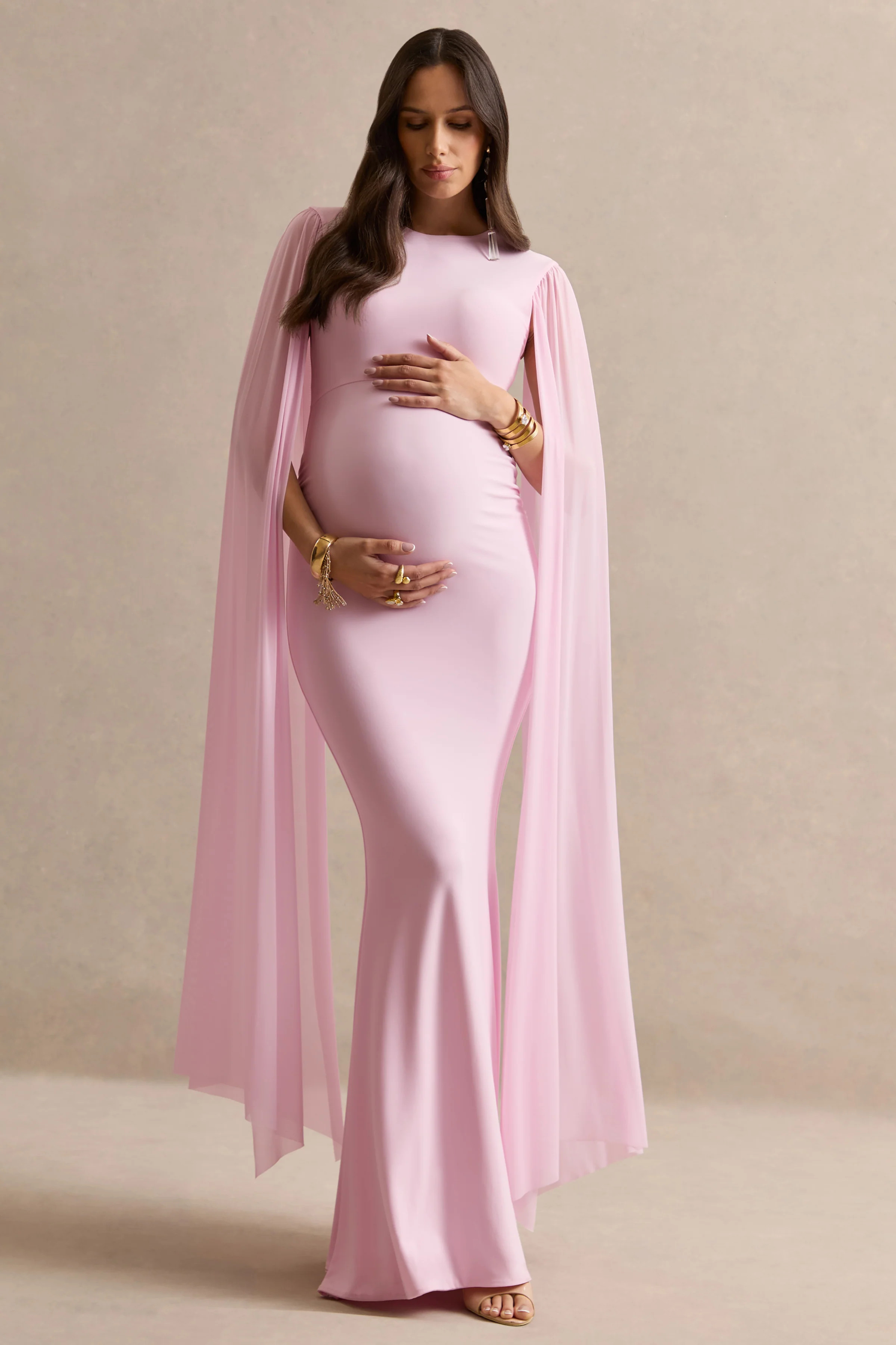 Calitheia | Light Pink Round-Neck Maternity Maxi Dress With Long Float | Club L London