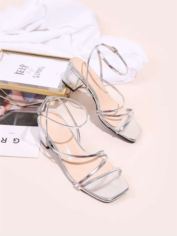 Metallic Thin Strap Chunky Heeled Sandals | SHEIN