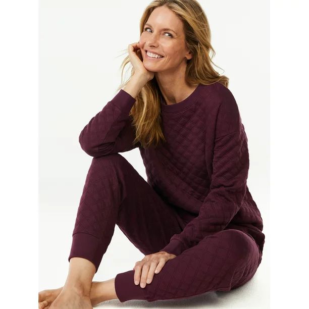 Joyspun Women's Quilted Long Sleeve Sleep Top and Jogger PJ Set, 2-Piece, Sizes up to 3X - Walmar... | Walmart (US)