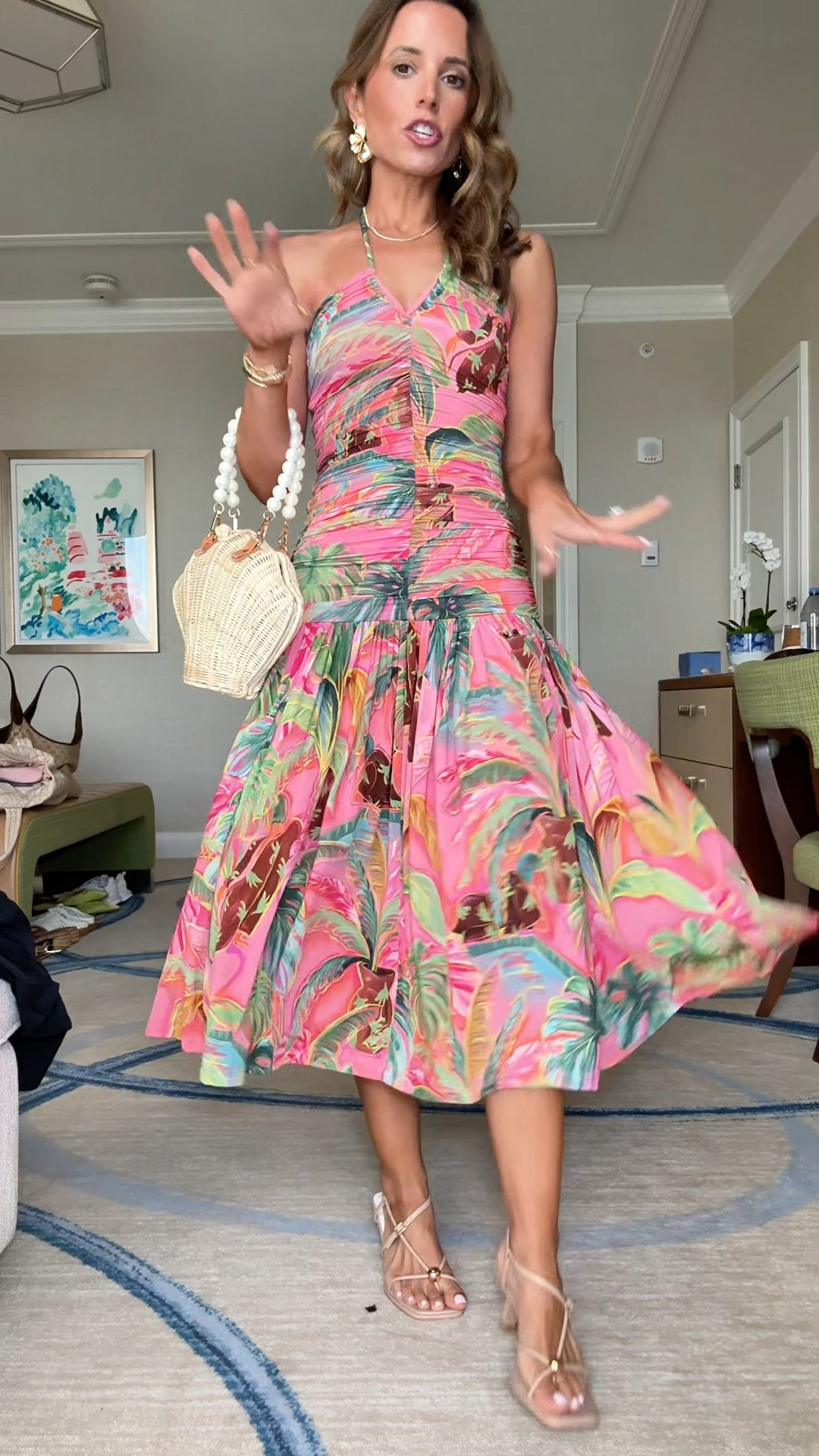My Palm Beach dinner outfit. Farm Rio midi dress in XXS. Strappy neutral heels are TTS. Shell purse. Resort wear. Resort outfit. Vacation outfit. Vacation dress. Destination wedding.

#LTKTravel #LTKSwim #LTKWedding