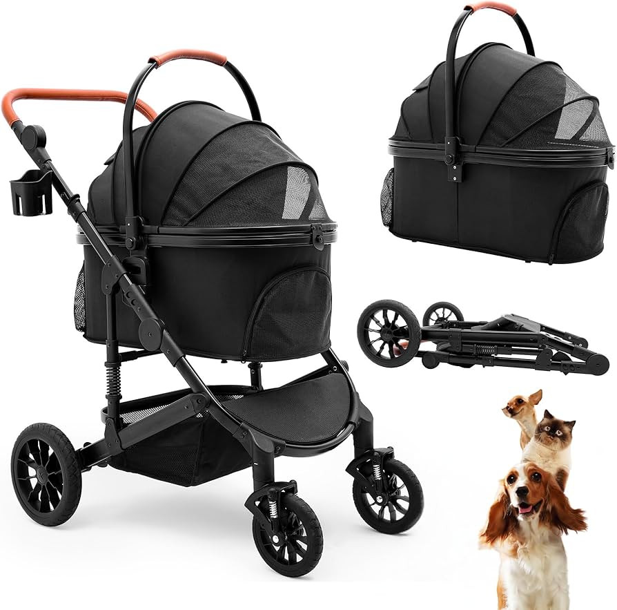 Pet Stroller with 4 Wheels, Foldable Pet Travel Carrier for Small/Medium Dogs Cats up to 50lbs, D... | Amazon (US)