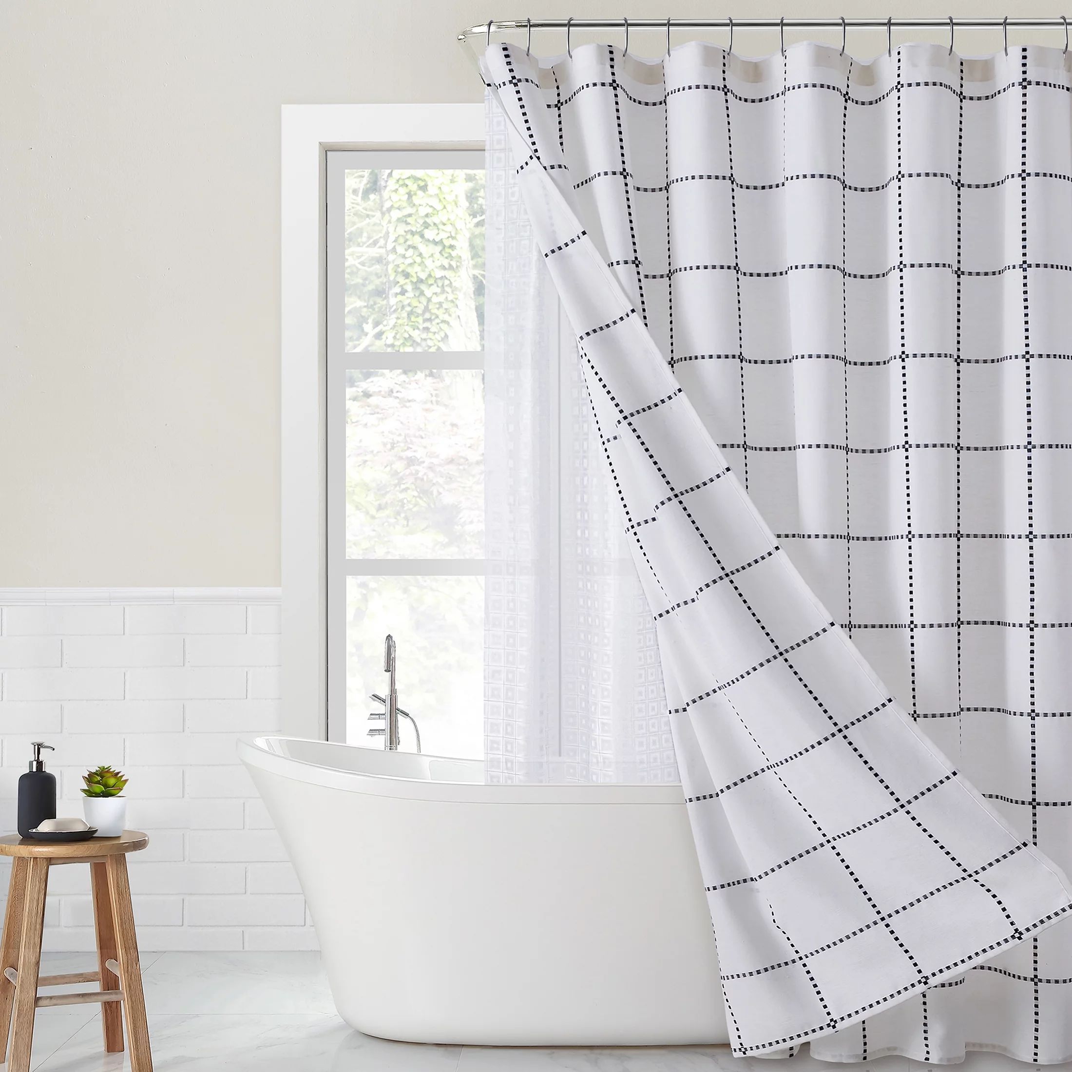 Better Homes & Gardens Farmhouse 14 Piece Windowpane Cotton/PEVA Shower Curtain with Shower Liner... | Walmart (US)
