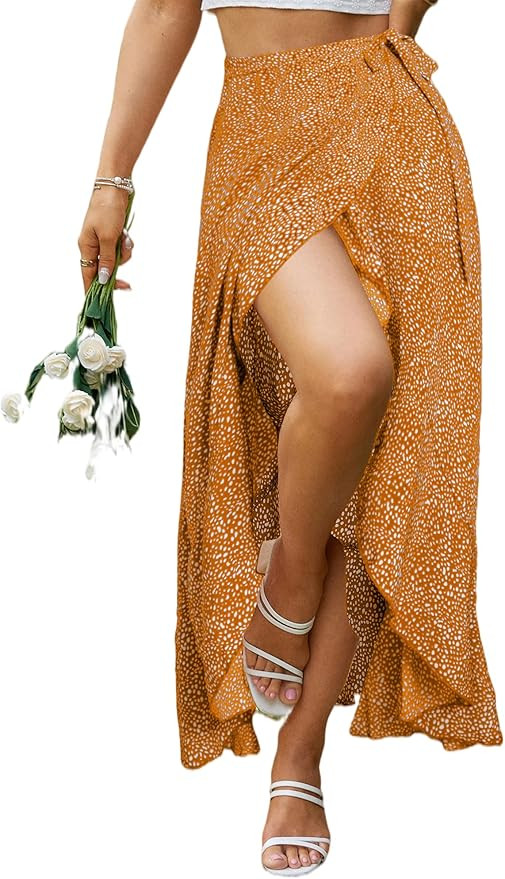 BerryGo Women's Boho Floral Ruffle Wrap Skirt High Waisted Maxi Skirt with Slit Orange M at Amazo... | Amazon (US)