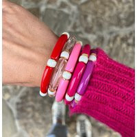 Pink & Red Acrylic Tube Bead Bracelet | Beaded Arm Party Stack Summer Gift For Her White Gold Bracelets With Beads | Etsy (US)