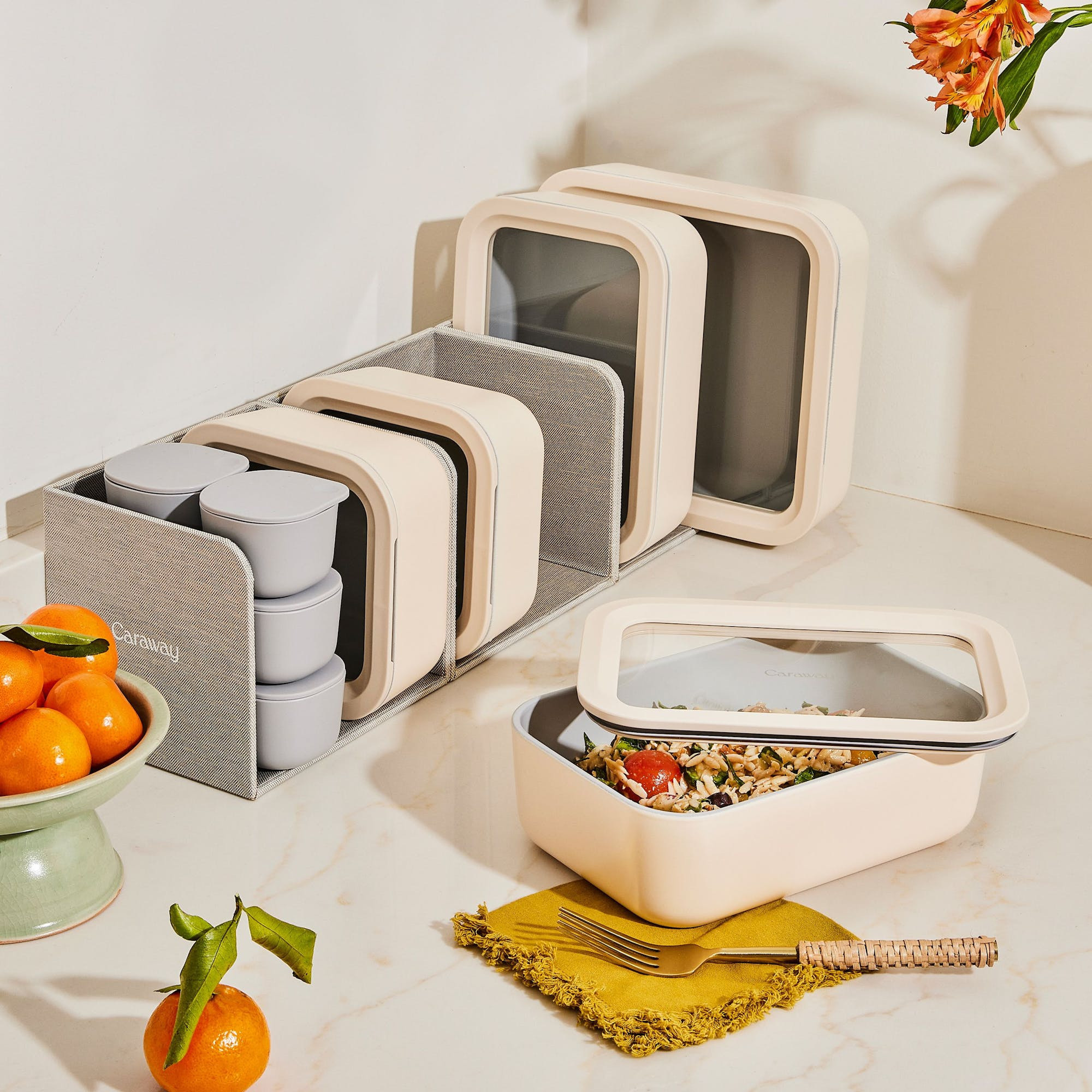 14 Piece Food Storage Set In Cream | BPA-Free, Non-Toxic Ceramic-Coated Glass Containers | Stackable With Airtight Lids | Caraway | Caraway