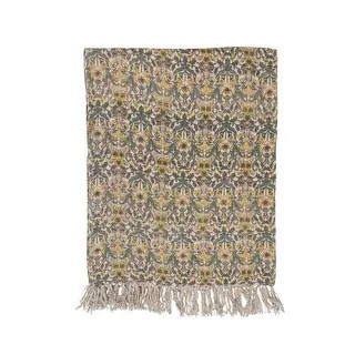 Cotton Slub Throw with Floral Pattern and Fringe - Overstock - 35683370 | Bed Bath & Beyond