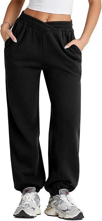 Herseas Women's V Crossover Waist Sweatpants Baggy Y2K Jogger Pants Wide Leg Fleeced Lounge Pants | Amazon (US)