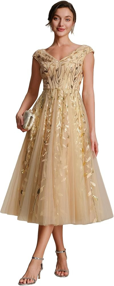 Ever-Pretty Women's V-Neck Midi Cocktail Dresses Cap Sleeves Sequin A-Line Formal Wedding Guest D... | Amazon (US)