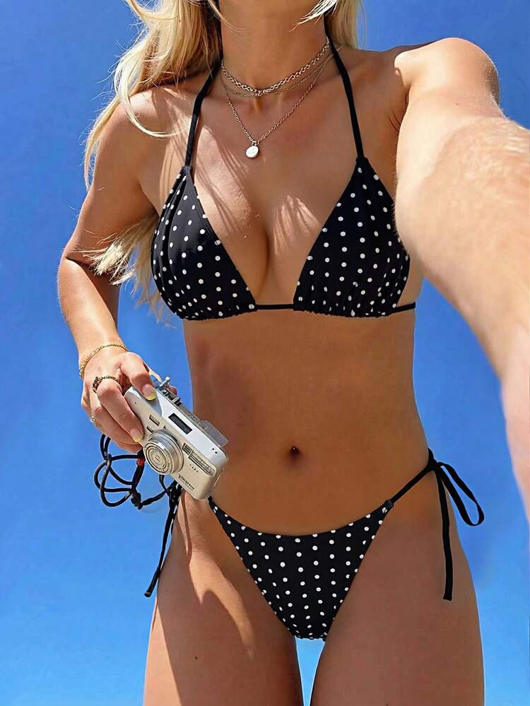 Swim Mod 2026 Spring/Summer Women's Polka Dot Print Halter Neck Black Bikini Set With Side Tie Bottoms | SHEIN