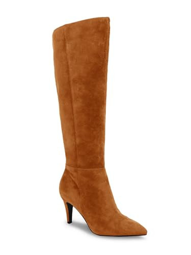 Coutgo Womens Knee High Boots Stiletto High Heel Pointed Toe Suede Wide Calf Long Boots Winter Shoes, Brown, Size 6.5 | Amazon (US)