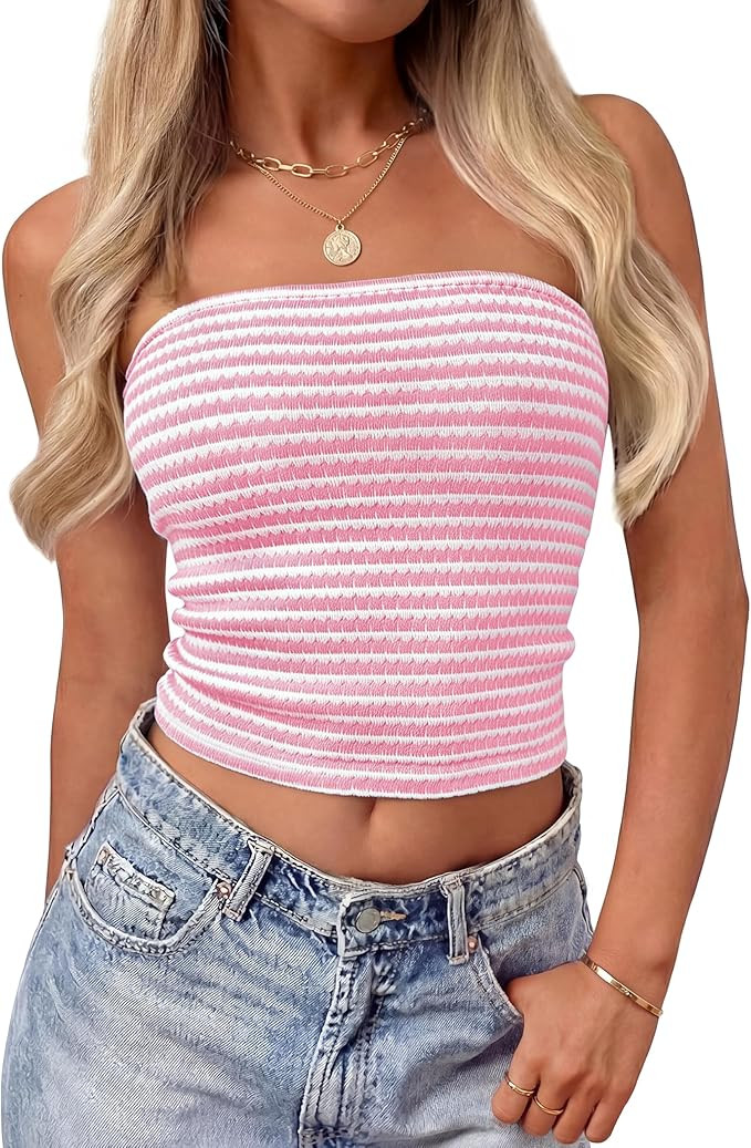 ZESICA Women's Spring Striped Strapless Crop Tube Tops 2026 Summer Knit Bandeau Going Out Shirts ... | Amazon (US)