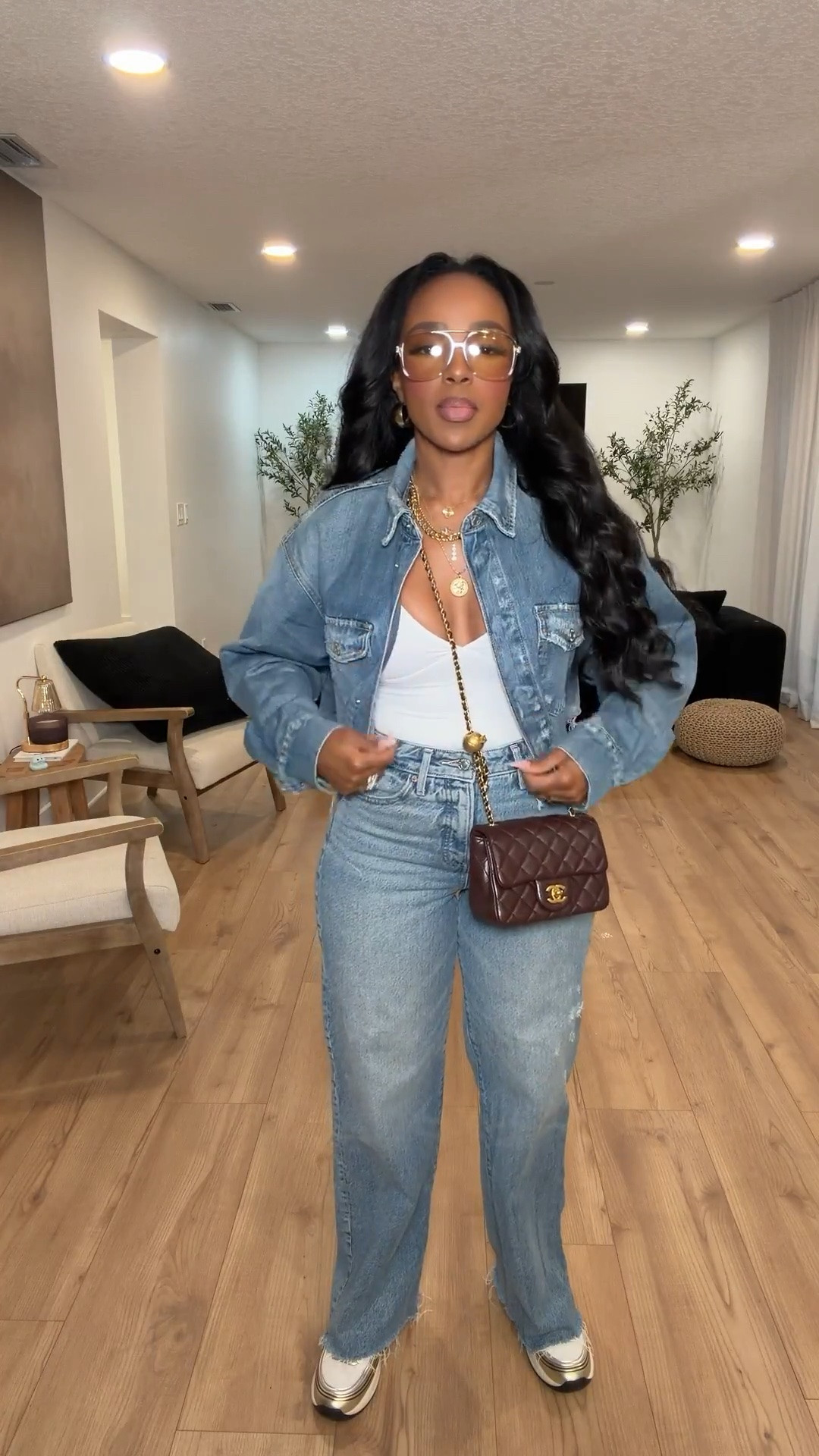 Denim on denim but make it look expensive 🤍

This is the kind of outfit formula that never fails — a good denim jacket, flattering jeans, layered gold jewelry, and statement frames instantly give that effortless cool-girl vibe. Casual enough for everyday but still looks elevated and put together.

Affordable staples styled with luxe-inspired accessories will always be the easiest way to build a wardrobe that feels timeless without overspending. These are the pieces you’ll keep rewearing season after season, so the cost per wear keeps getting better.

Perfect for casual brunch dates, coffee runs, errands, airport outfits, shopping days, and everyday spring looks.

5’4 | 140LBS | 34D-27-40 | size small or 4

Denim on denim outfit, casual chic style, spring denim outfits, elevated everyday basics, cool girl outfits, Amazon fashion finds, effortless street style, trendy spring outfits, neutral luxury aesthetic, layered jewelry outfits, casual date outfit ideas, light wash denim looks, affordable luxury fashion

Follow me on Instagram and YouTube @kirasfashionfinds