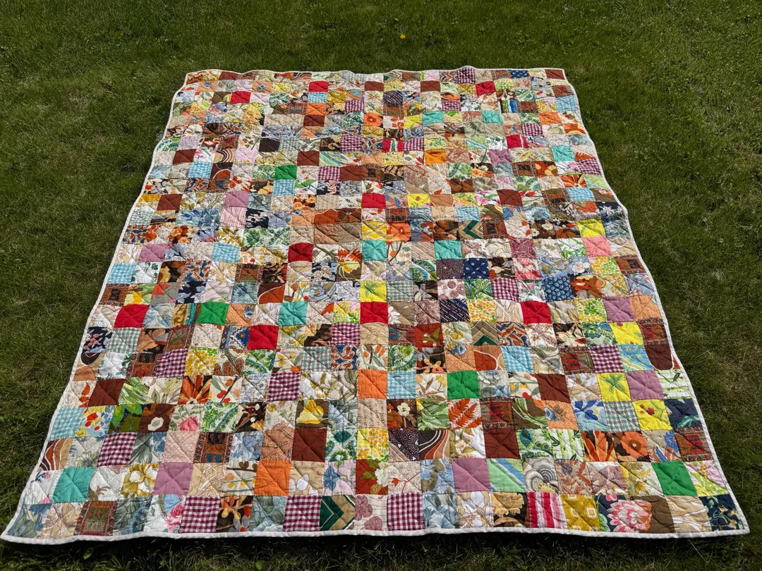 Vintage Handmade 76" x 65" Multicolored Patchwork Quilt; Retro Farmhouse Bedding; Housewarming Gi... | Etsy (Global)