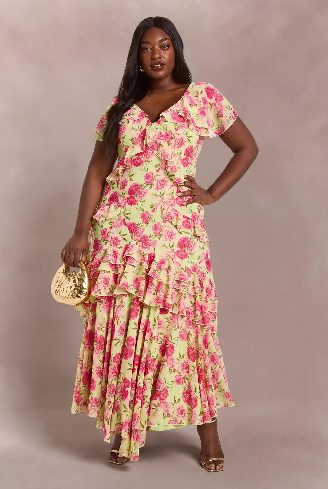 Sage Plus Dobby Chiffon Floral Frill Detail Maxi Dress | Boohoo | Boohoo.com (UK & IE)