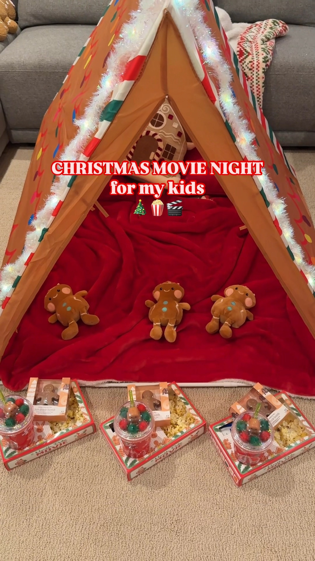 Christmas movie night for my kids. How cute is this gingerbread tent? So fun for movie night, sleepovers/ birthday parties, or just to play in! I got them gingerbread plushies (exact ones are target dollar spot but the ones I linked are also from target and just as cute and soft)  and they have not put them down. The Christmas movie snack trays are so fun and cute gingerbread light up Christmas cups 

#christmasideas #christmastraditions #christmasmovienight #familymovienight
#christmas 

#LTKSeasonal #LTKHoliday #LTKFamily
