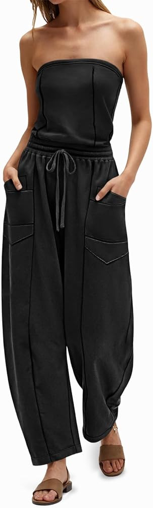 Cicy Bell Womens Summer Strapless Jumpsuits Casual Off the Shoulder Loose Romper Drawstring Barre... | Amazon (US)