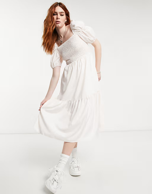 Urban Bliss sheered puff sleeve midi dress in pale pink | ASOS (Global)