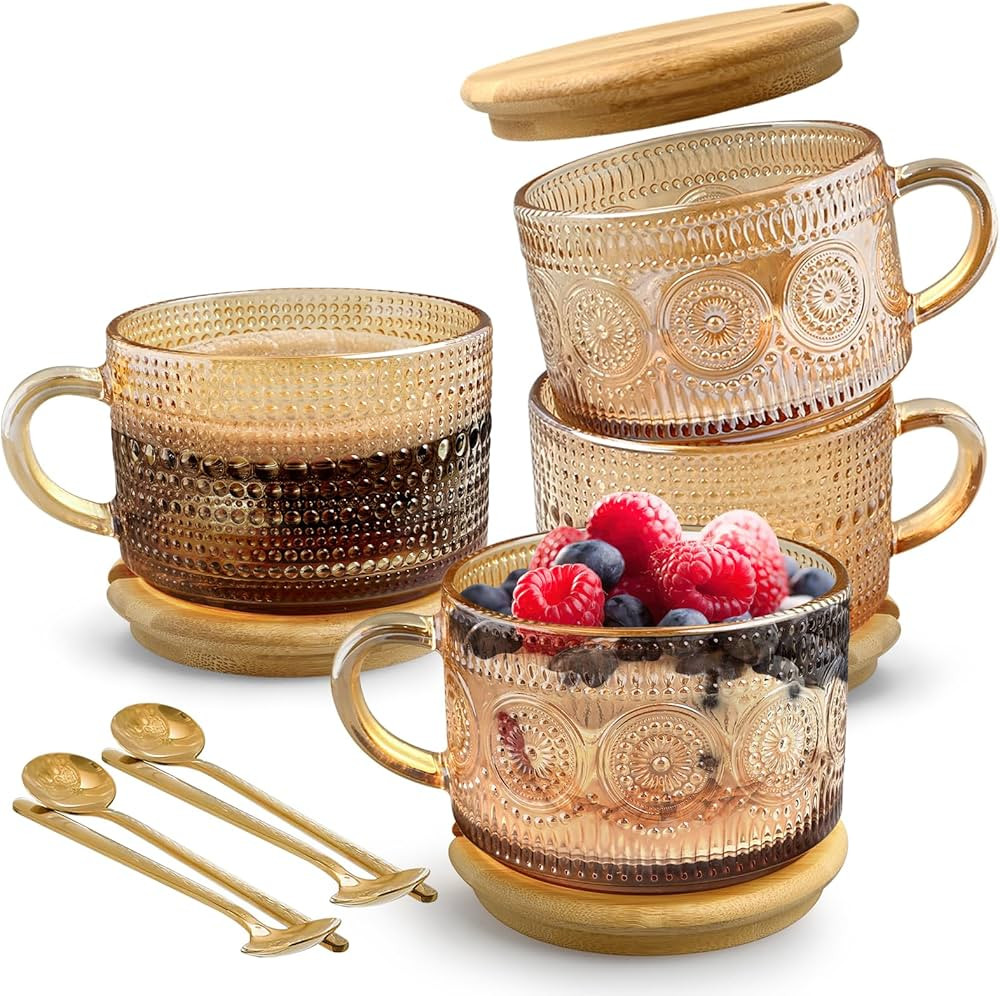 Vintage Glass Coffee Mugs 15 Oz Set of 4 Amber Embossed Tea Cups, Glass Coffee Cups for Cappuccin... | Amazon (CA)