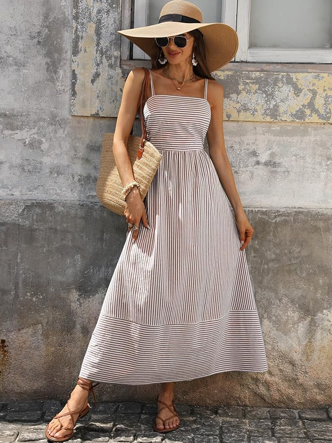 Caracilia Womens Maxi Dresses Gingham Spaghetti Strap Back Smocked Flowy Long Sundress Summer Bea... | Amazon (US)