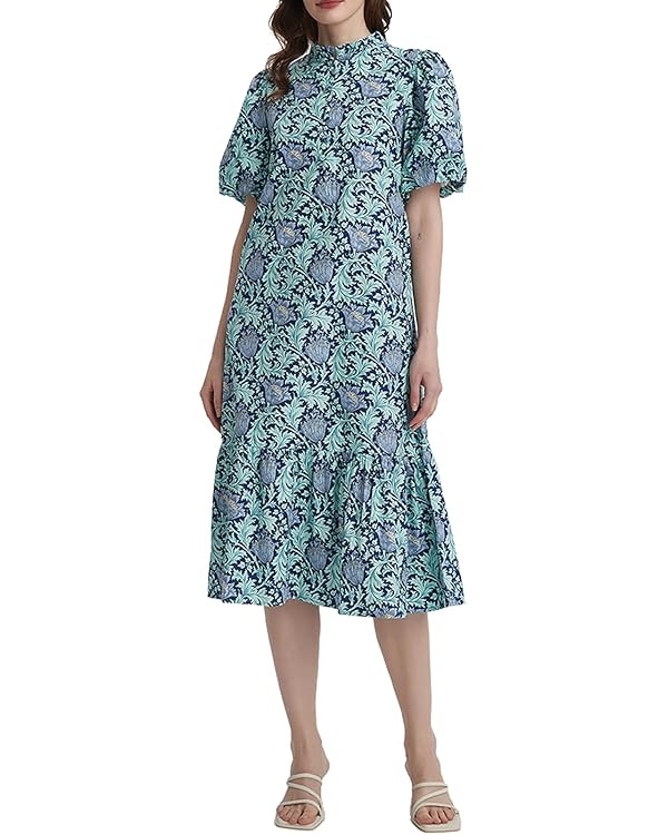 Summer Floral Midi Dress for Women Puff Short Sleeve Button Down V Neck Pretty Garden Boho Dresse... | Amazon (US)