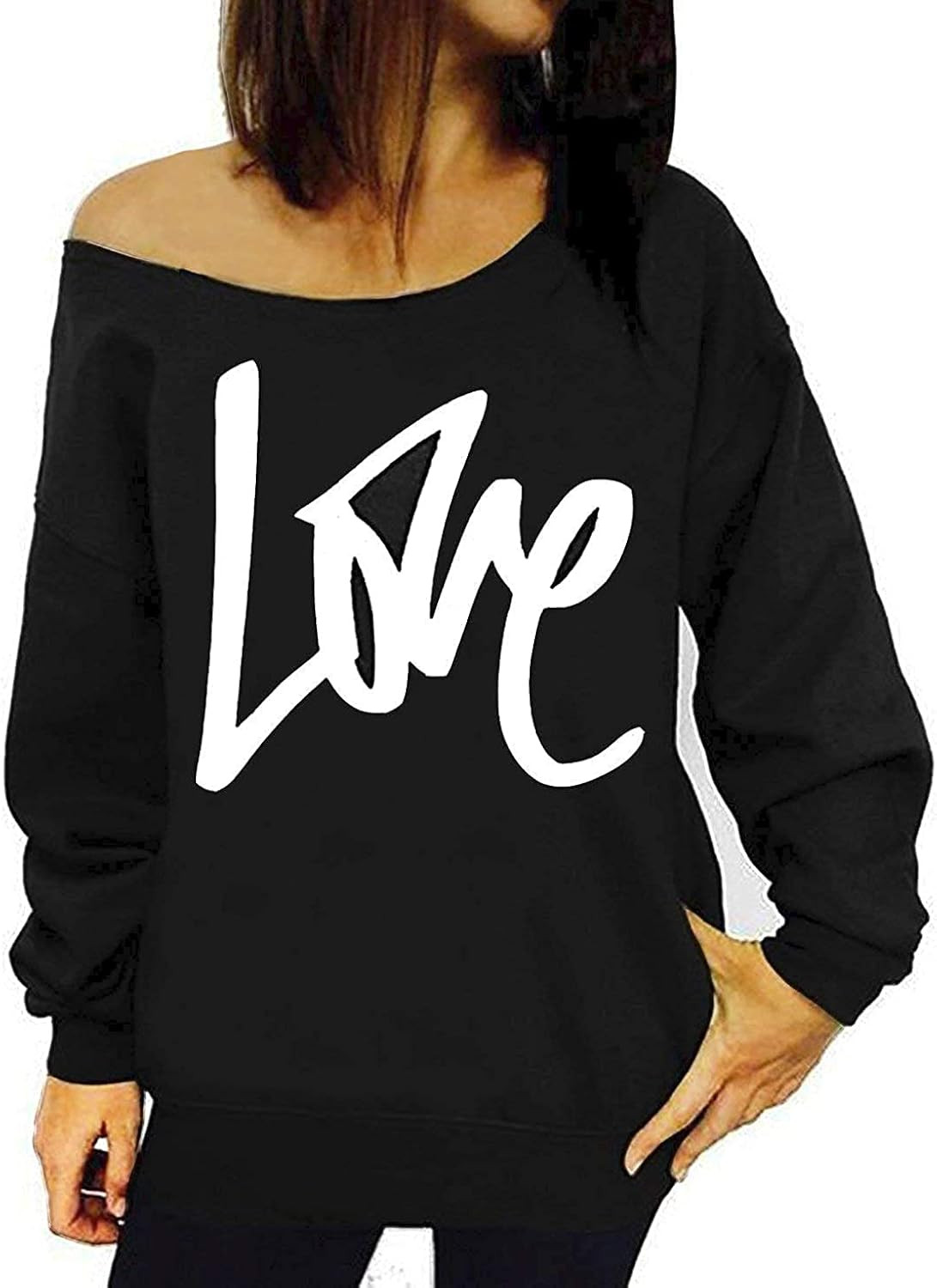 Decogiver Women's Off Shoulder Love Heart Pattern Printed Long Sleeve Valentines Day Sweaters | Amazon (US)