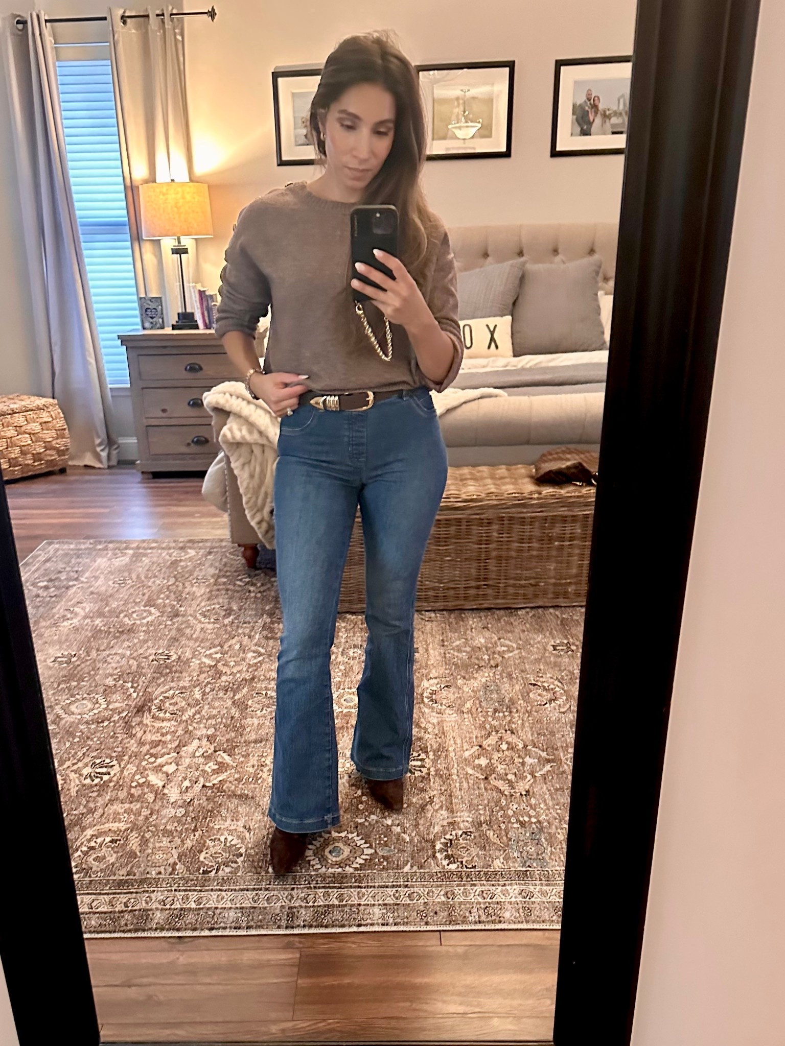 SPANX ShapeEveryWear Flare Jeans ✨
I’m wearing Authentic Blue in Petite S, and these jeans truly shape, smooth, and flatter all the way down the leg. The flare + high rise = perfection. 🤌🏼

My brown sweater is old, but I’m linking a few affordable favorites that give the same cozy look. This belt is the perfect high-end dupe at a much better price point — such a good find.

And these are my new favorite brown suede booties. I’m normally a 7.5 but sized up to an 8 for thicker socks + extra comfort.
Such an effortless fall-to-winter look. 🍂🤎

spanx shapeeverywear flare jeans, spanx petite flare jeans, authentic blue spanx jeans, sam edelman booties, brown suede booties, fall to winter outfit, cozy neutral outfit, affordable sweater options, high end look for less, belt dupe, petite winter fashion, petite flare denim, girls night outfit, everyday denim look, effortless style, effortliss fashion, effortliss outfit ideas, long island style, holiday outfit inspo, casual chic winter outfit, neutral fall style, tried and true amazon finds, ltk fashion finds, ltk fall outfit, ltk denim favorites, mom style inspo, comfy chic outfit, flattering flare jeans

#LTKootd #LTKWorkwear #LTKPetite