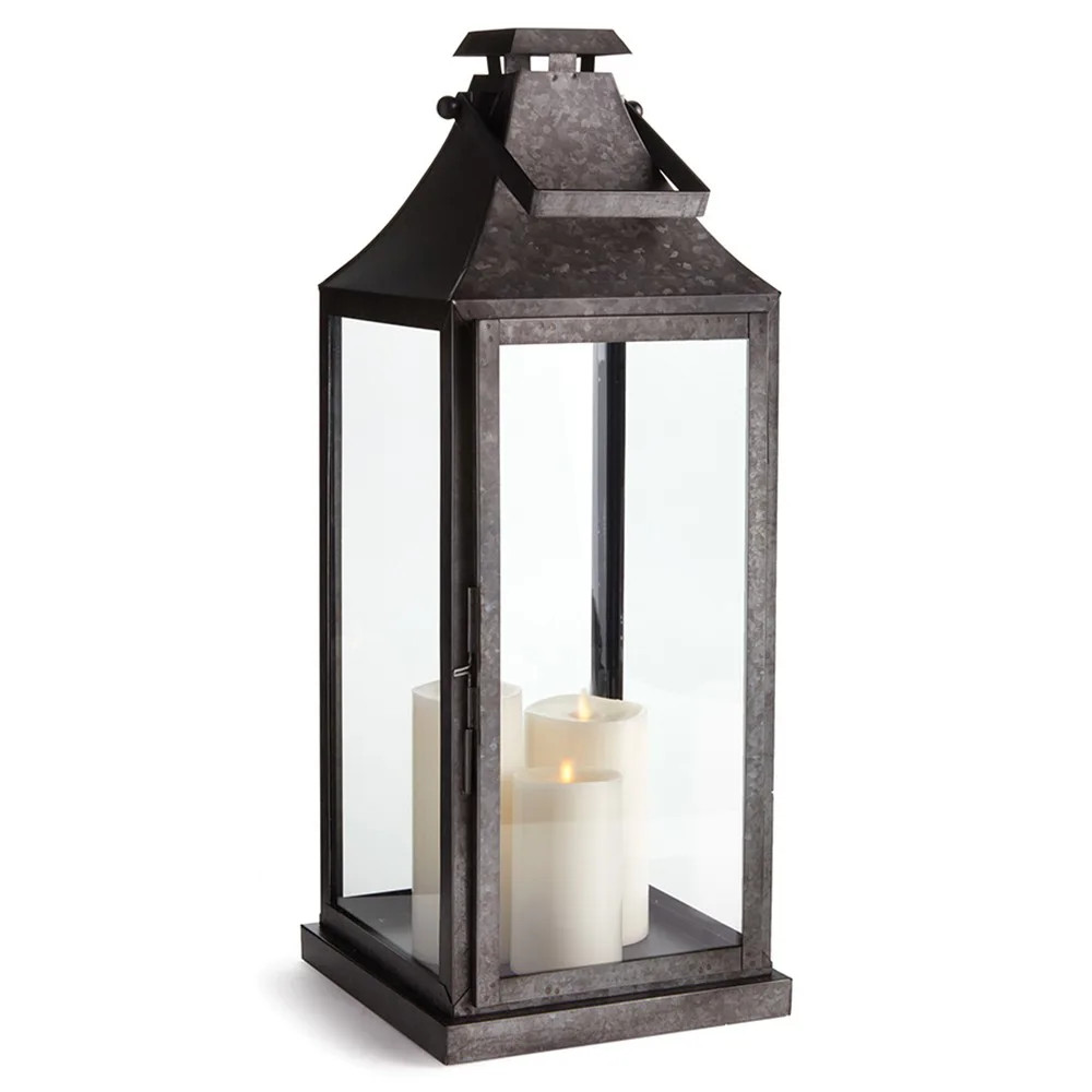 Arlene Industrial Loft Clear Glass Black Metal Lantern Candleholder - Large | Kathy Kuo Home