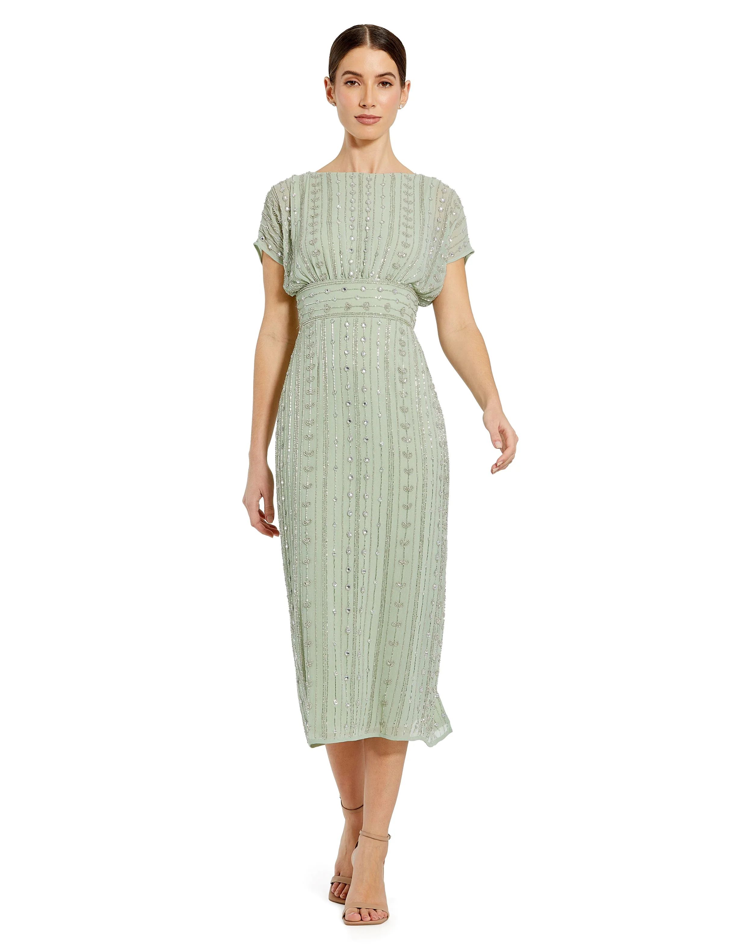 Beaded Cap Sleeve Column Midi Dress | Mac Duggal