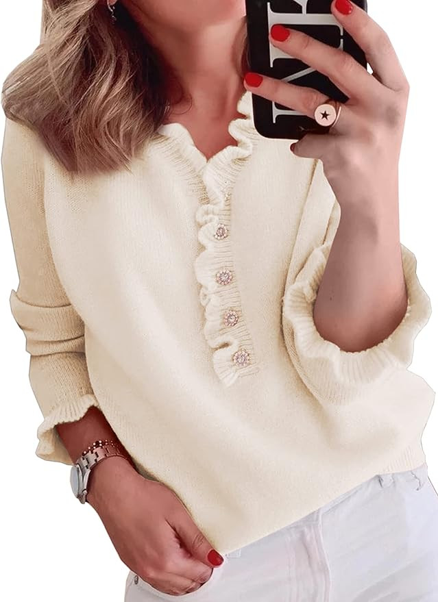 ECOWISH Womens Crew Neck Long Sleeve Oversized Sweaters Casual Solid Color Button Down Sweater Ru... | Amazon (US)