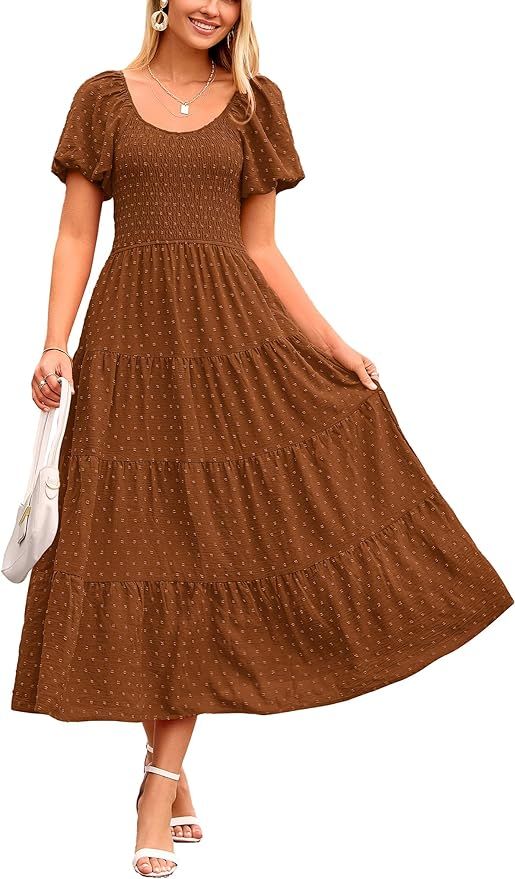 PRETTYGARDEN Women's Summer Casual Midi Dress Puff Sleeve Swiss Dot Long Flowy A Line Dresses | Amazon (US)