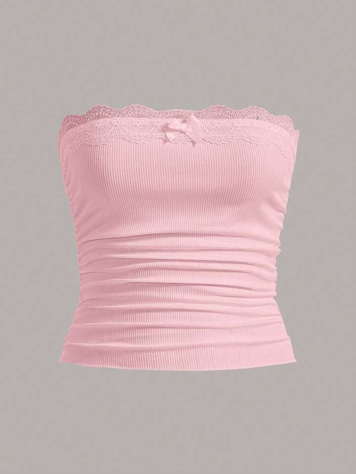 SHEIN EZwear Summer Going Out Lace Ruched Bow Front Tube Pink Top | SHEIN