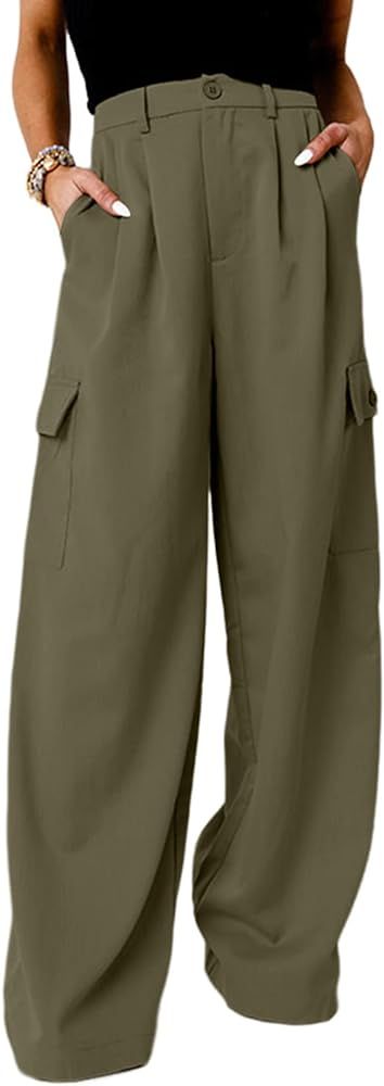 Dokotoo Womens High Waisted Wide Leg Cargo Pants Baggy Casual Combat Military Pants with 4 Pockets | Amazon (US)